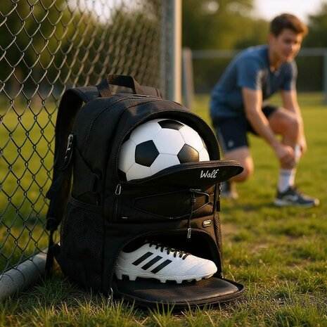 Wolt Voetbal Rugzak met Balcompartiment en Schoenenvak Zwart